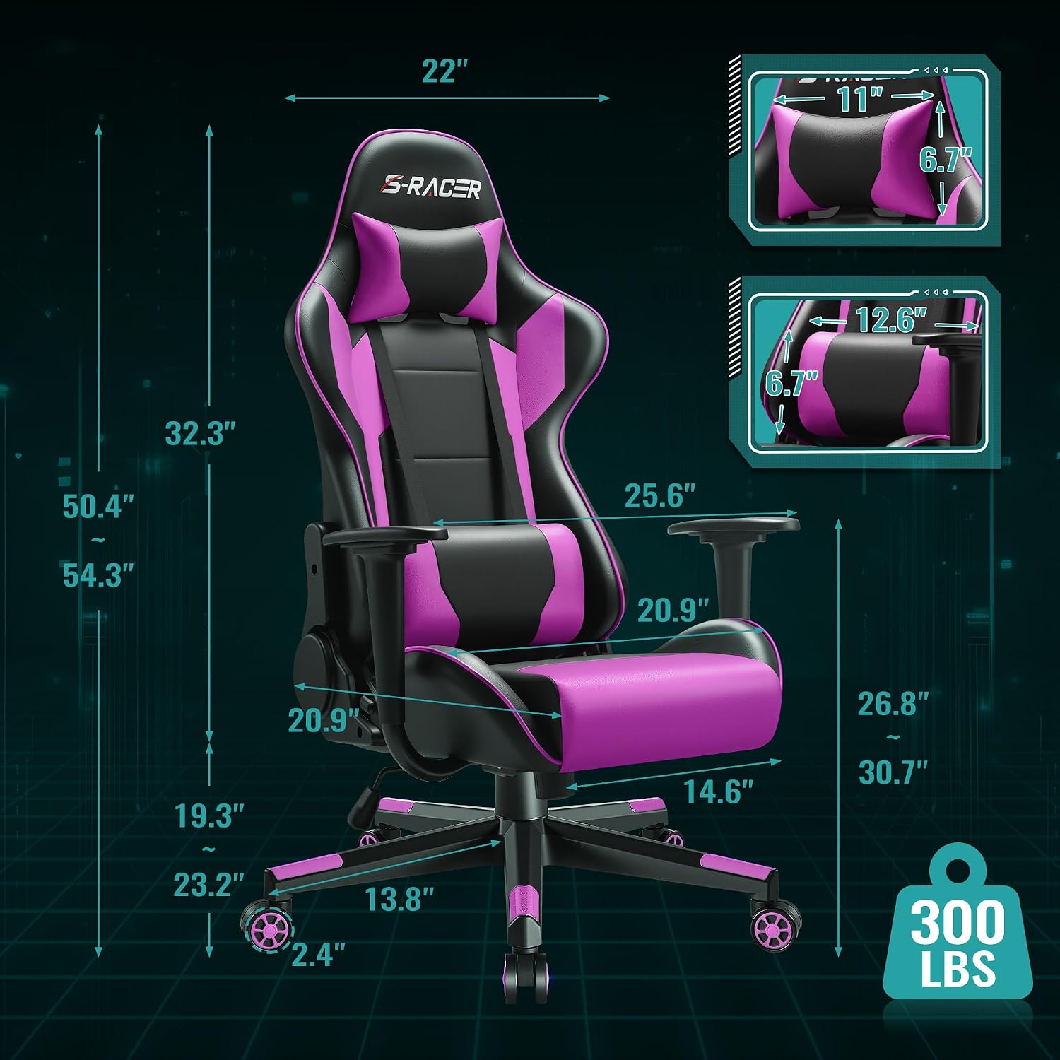 Furniwell Gaming Chair Racing Computer Chair PC Office Desk Chair Adjustable Swivel High Back Carbon Fiber Style PU Leather Executive Ergonomic Chair with Headrest and Lumbar Support (Violet)