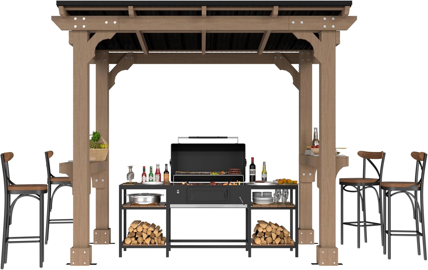 MUPATER 8 x 5 FT Outdoor Wooden Grill Gazebo with Sloping Metal roof, Heavy Duty BBQ Gazebo, Cedar Frame Pavilion with 2 Side Storage Shelves, BBQ Canopy for Patio, Lawn, Garden, Deck