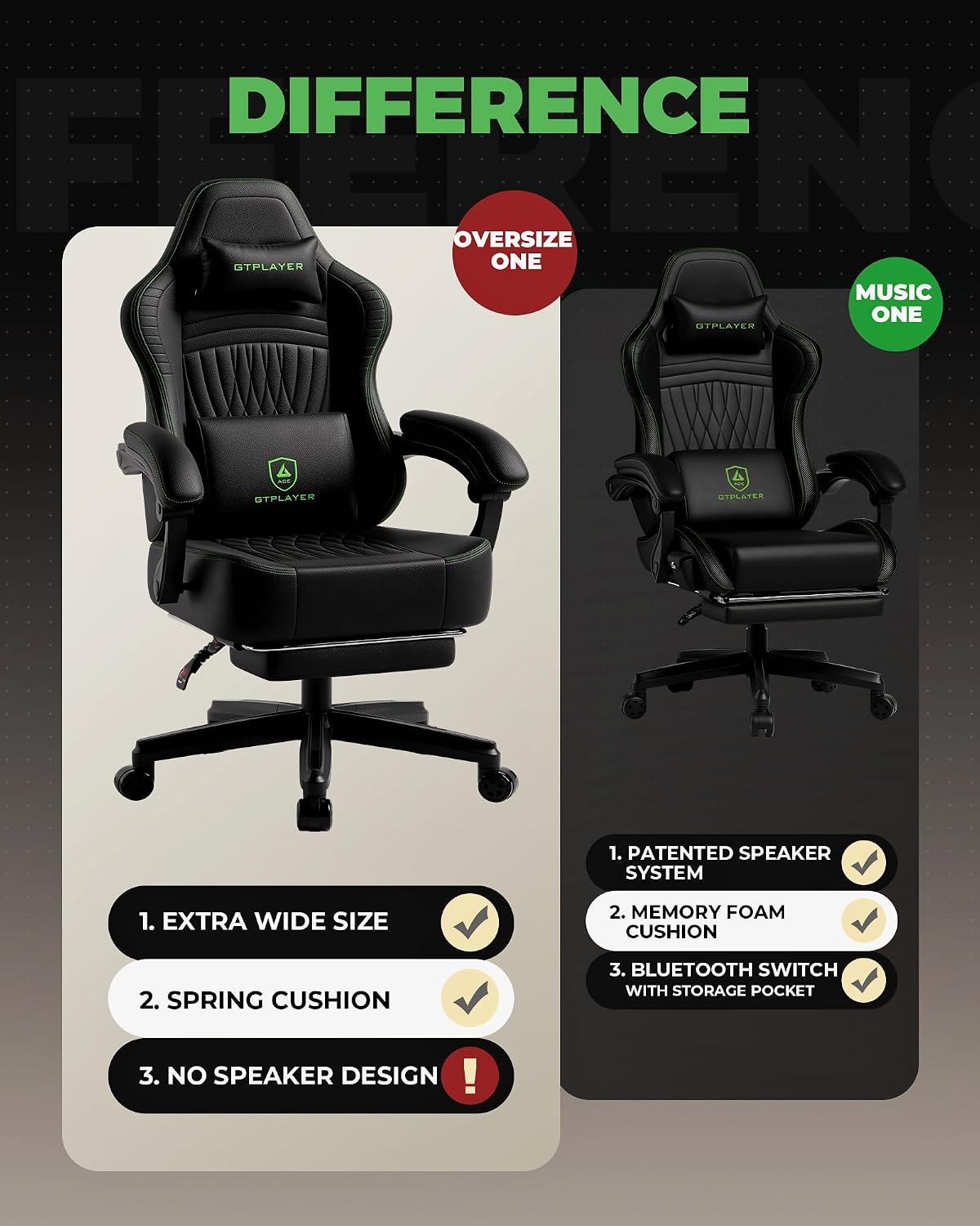 GTPLAYER Gaming Chair for Adults, Ergonomic Video Game Chairs, Footrest & Linkage Armrest, Reclining High Back Silla Gamer with Wider Seat for Home Office, Ace Pro, Black & Green