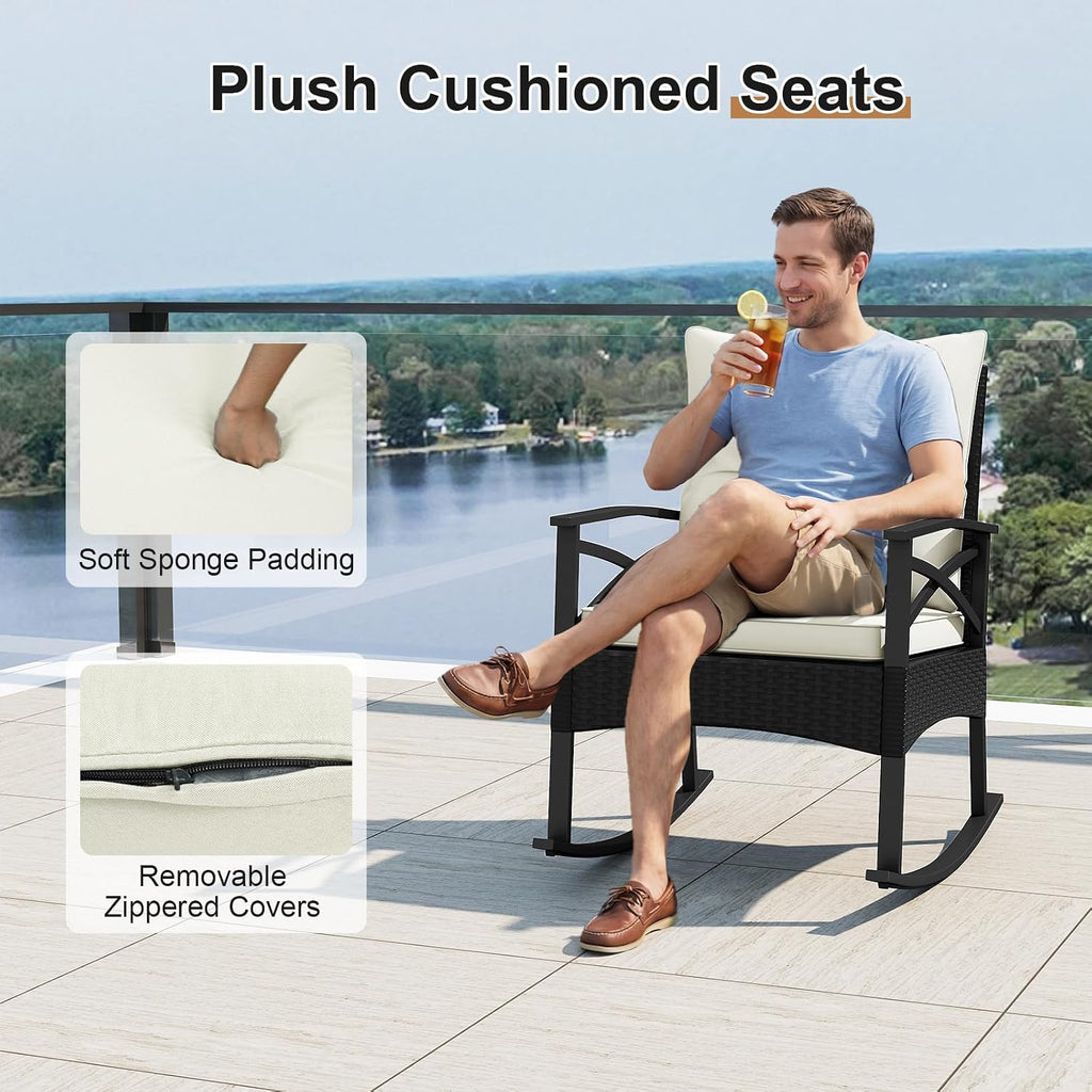 Tangkula 3 Pieces Outdoor Rocking Chairs Set, Rattan Heavy Duty Cushioned Rocker Chairs with 2-Tier Tempered Glass Coffee Table, for Garden, Balcony, Backyard (Black+Beige)