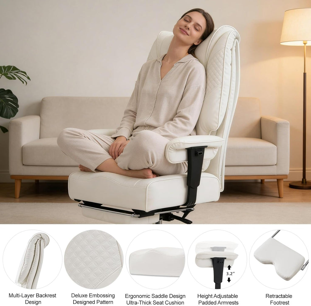 EXCEBET Big and Tall Office Chair 400lbs Wide Seat, Leather High Back Executive Office Chairs with Foot Rest, Ergonomic Lumbar Support for Lower Back Pain Relief (White)