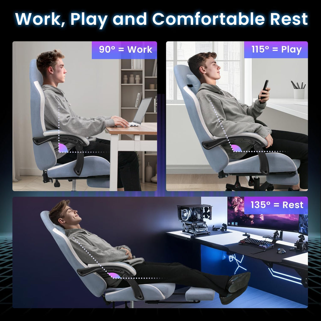 N-GEN GAMING Video Gaming Chair Office Computer Desk Use Ergonomic Reclining Backrest Adjustable Armrests Lumbar Support Footrest High Density Foam Breathable Fabric Heavy Duty Base (Blue)
