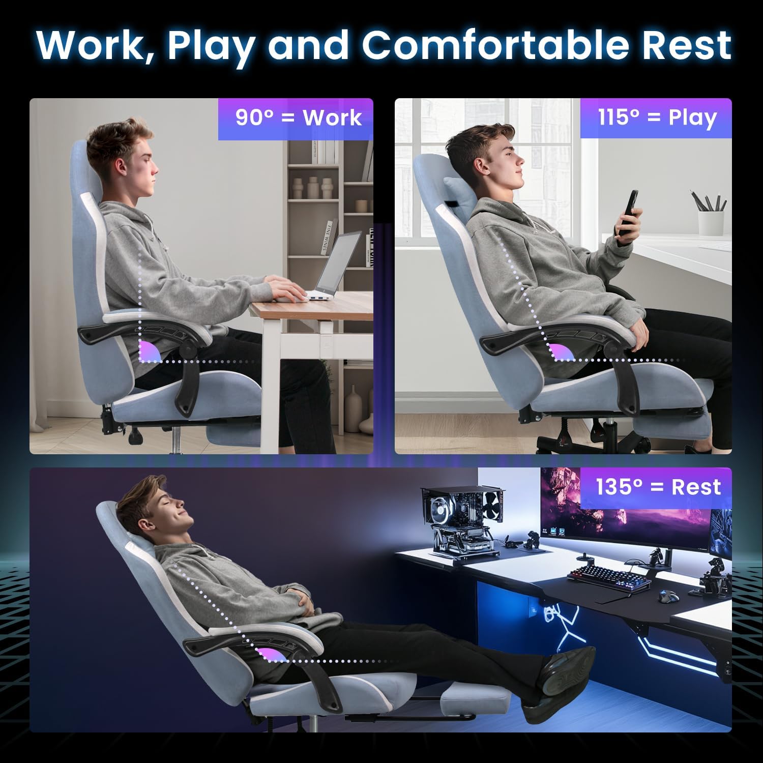 N-GEN GAMING Video Gaming Chair Office Computer Desk Use Ergonomic Reclining Backrest Adjustable Armrests Lumbar Support Footrest High Density Foam Breathable Fabric Heavy Duty Base (Blue)