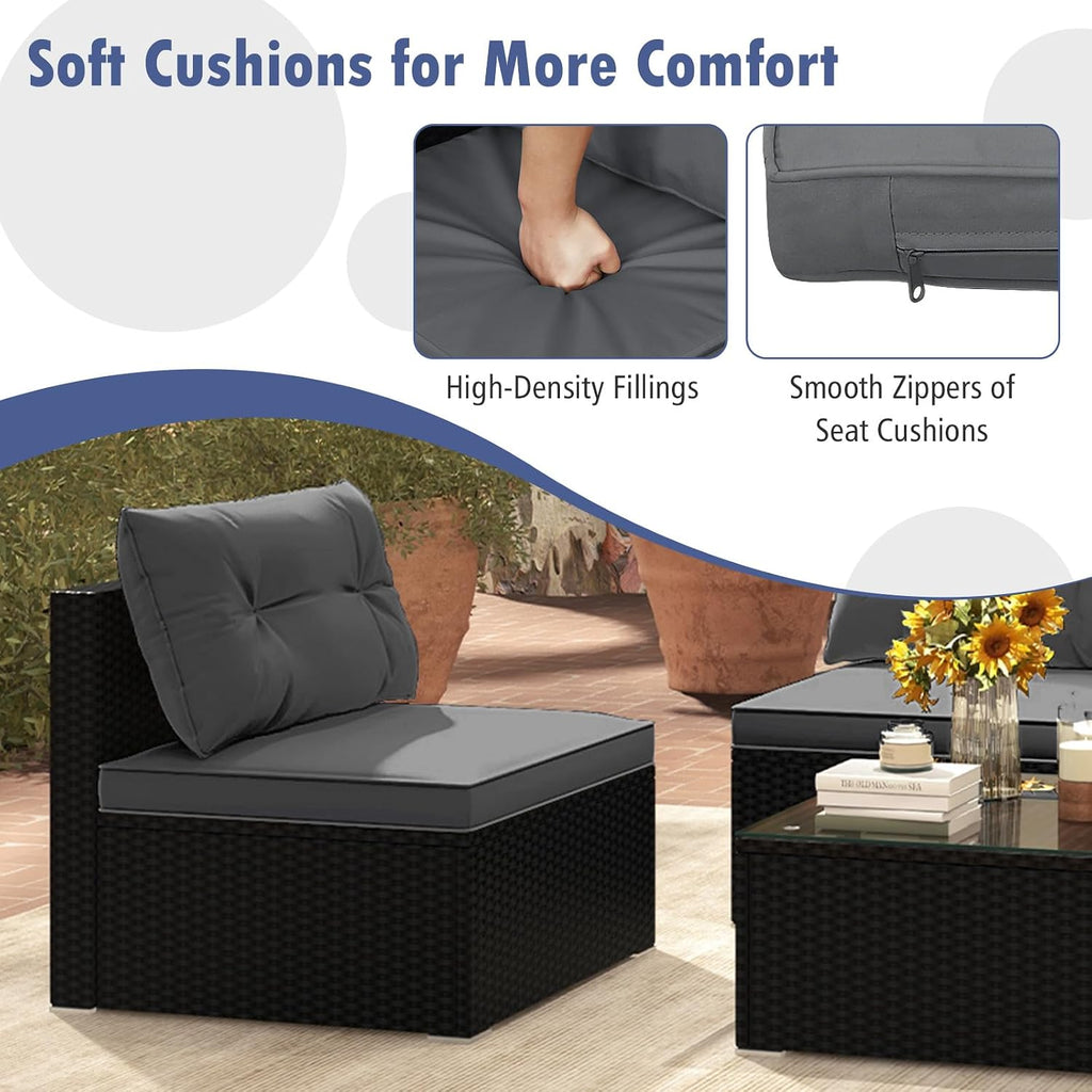 RELAX4LIFE 5-Piece Outdoor Patio Furniture Set, Rattan Sectional Sofa Set w/Glass-Top Coffee Table, Soft Seat & Back Cushions, Bistro Set for Garden Backyard Porch, Wicker Conversation Set (Grey)