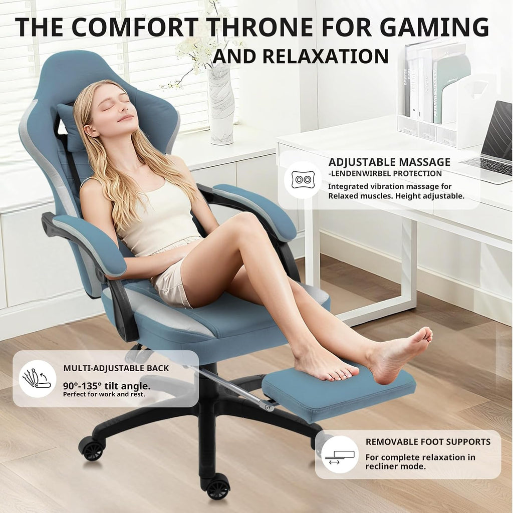 Dowinx Gaming Chair Breathable Fabric Game Chair with Gel Pad and Storage Bag, Comfortable Gamer Chair with Pocket Spring Cushion,Ergonomic Computer Chair with Footrest,Blue