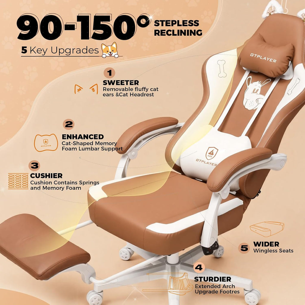 Gaming Chair Cute with Cat Ears Ergonomic Computer Chair with Dog Embroidery Adjustable Memory Foam Lumbar Support and Headrest Comfortable Reclining Office Chair for Girls, Teens, Women