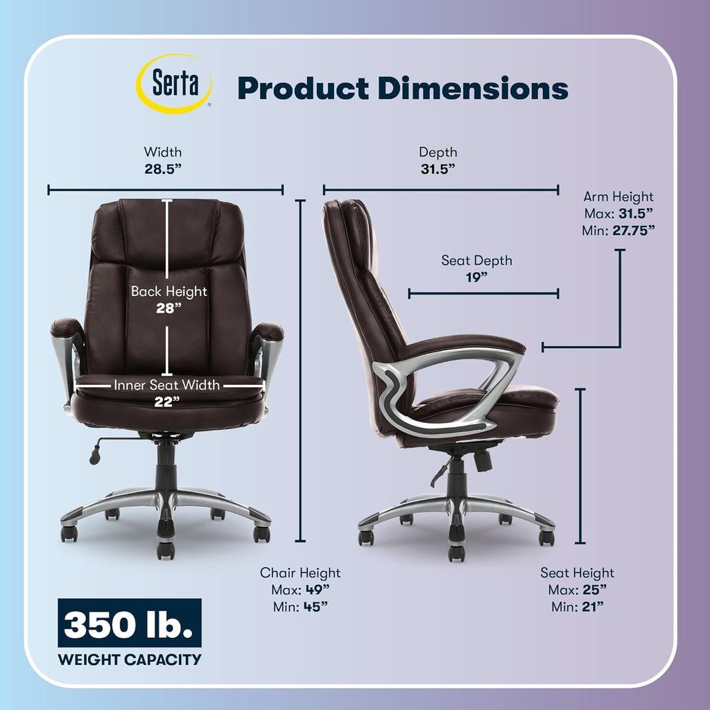 Serta Fairbanks Big and Tall Executive Office Chair - Ergonomic High Back Computer DeskChair with Lumbar Support, Memory Foam Seat Cushion, Padded Armrests, Bonded Leather, 350 lb Capacity - Brown