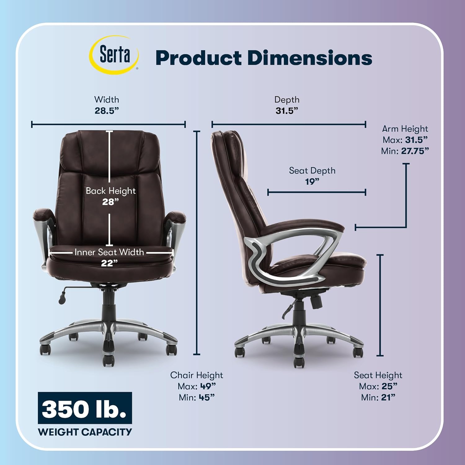 Serta Fairbanks Big and Tall Executive Office Chair - Ergonomic High Back Computer DeskChair with Lumbar Support, Memory Foam Seat Cushion, Padded Armrests, Bonded Leather, 350 lb Capacity - Brown
