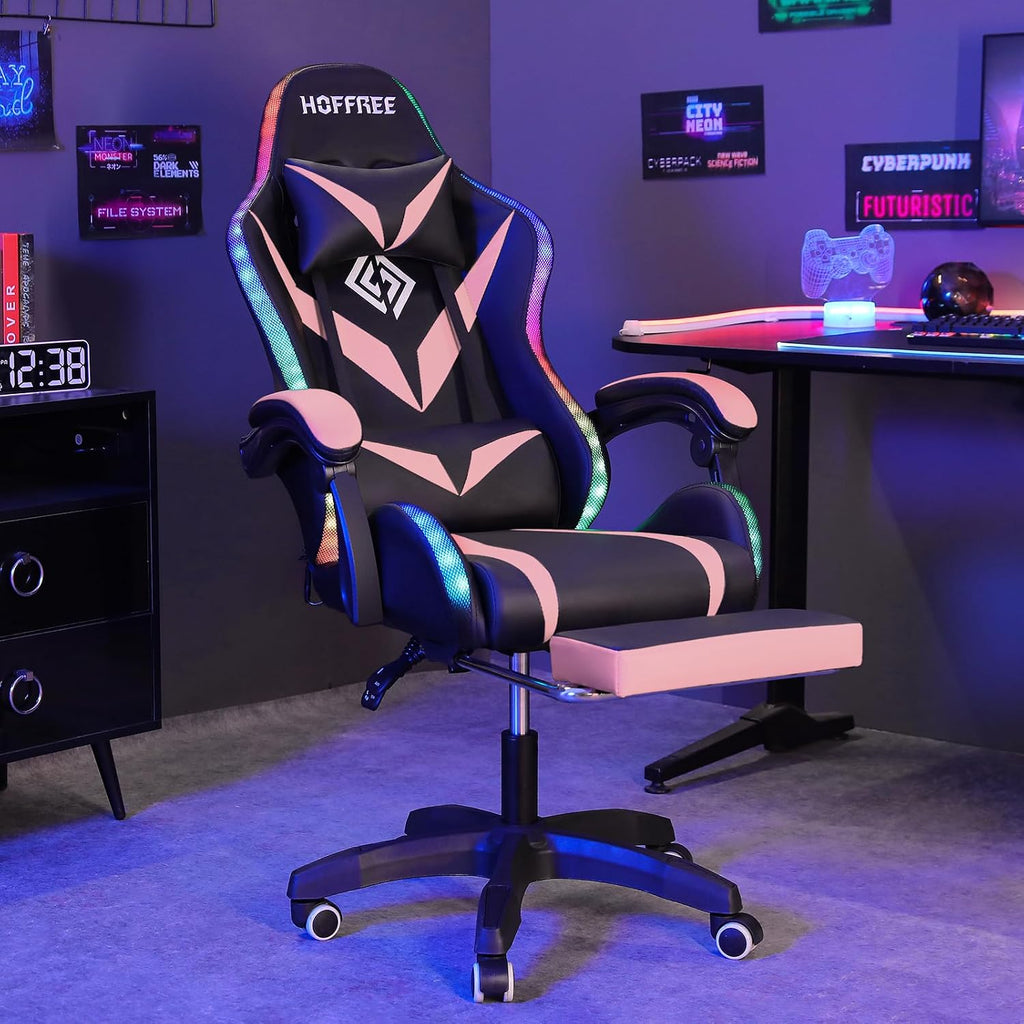 Gaming Chair with Bluetooth Speakers and RGB LED Lights Ergonomic Massage Video Game Chair with Footrest for Girls High Back with Lumbar Support Black Pink
