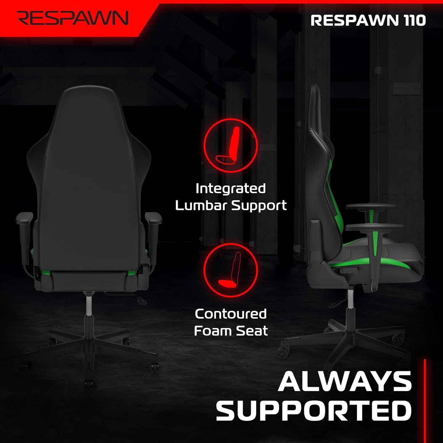 Respawn 110 Ergonomic Gaming Chair - Reclining Office Video Game Swivel Chair with Lumbar Support, Headrest, Heavy Duty, High Back, Racing Style Gaming Recliner Seat for Computer Gamer - Green