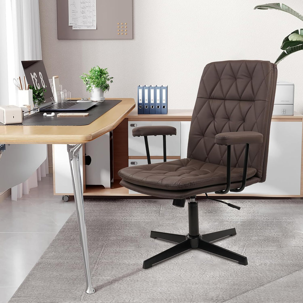 CLATINA Office Chair No Wheels, Leather Criss Cross Desk Chairs with Arms, Modern Cross Legged Computer Chair, Mid Back Height Adjustable Swivel Task Vanity Chair for Home Office, Chocolate Brown