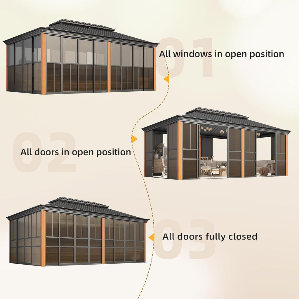 EROMMY 12' X 20' Hardtop Sunroom, Galvanized Steel Double Roof Gazebo Solarium with Wood Grain Aluminum Frame & Detachable Windows, All-Weather Sun Room for Patio Deck Backyard