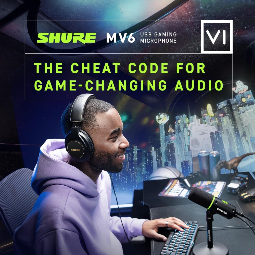 Shure MV6 Gaming Microphone – Dynamic USB Mic for PC Gaming & Streaming with Tap-to-Mute, Noise Cancellation, Desktop Stand & 3.5mm Headphone Monitoring, Black