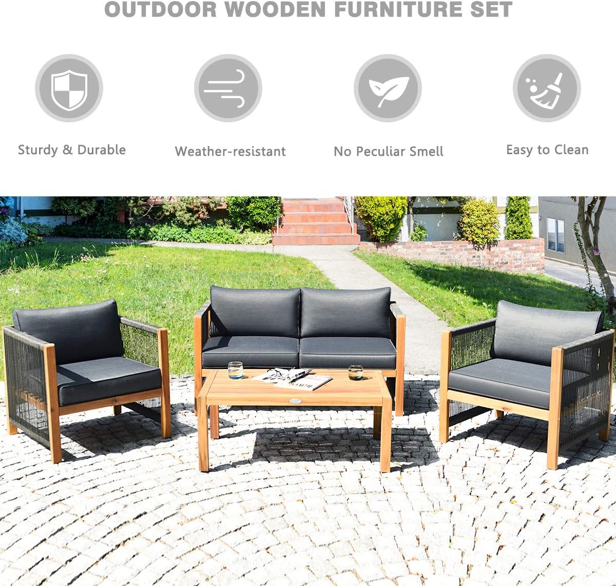 Tangkula Outdoor Wood Furniture Set, Acacia Frame Loveseat Sofa, 2 Single Chairs and Coffee Table, 4 Pieces Conversation Set with Cushions, Garden Balcony Poolside Living (1, Grey)