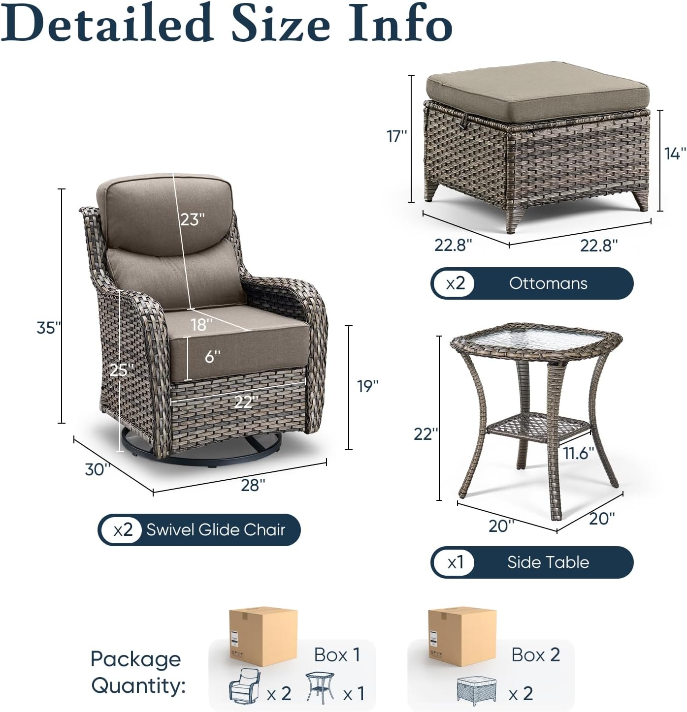 Belord Luxury 6' Thick Cushioned 5 Pieces Patio Furniture Set with 2 Ottomans, Wicker Outdoor Conversation Set with High Back Swivel Rocker Patio Chairs for Deck Porch Yard and Poolside - Grey+Grey