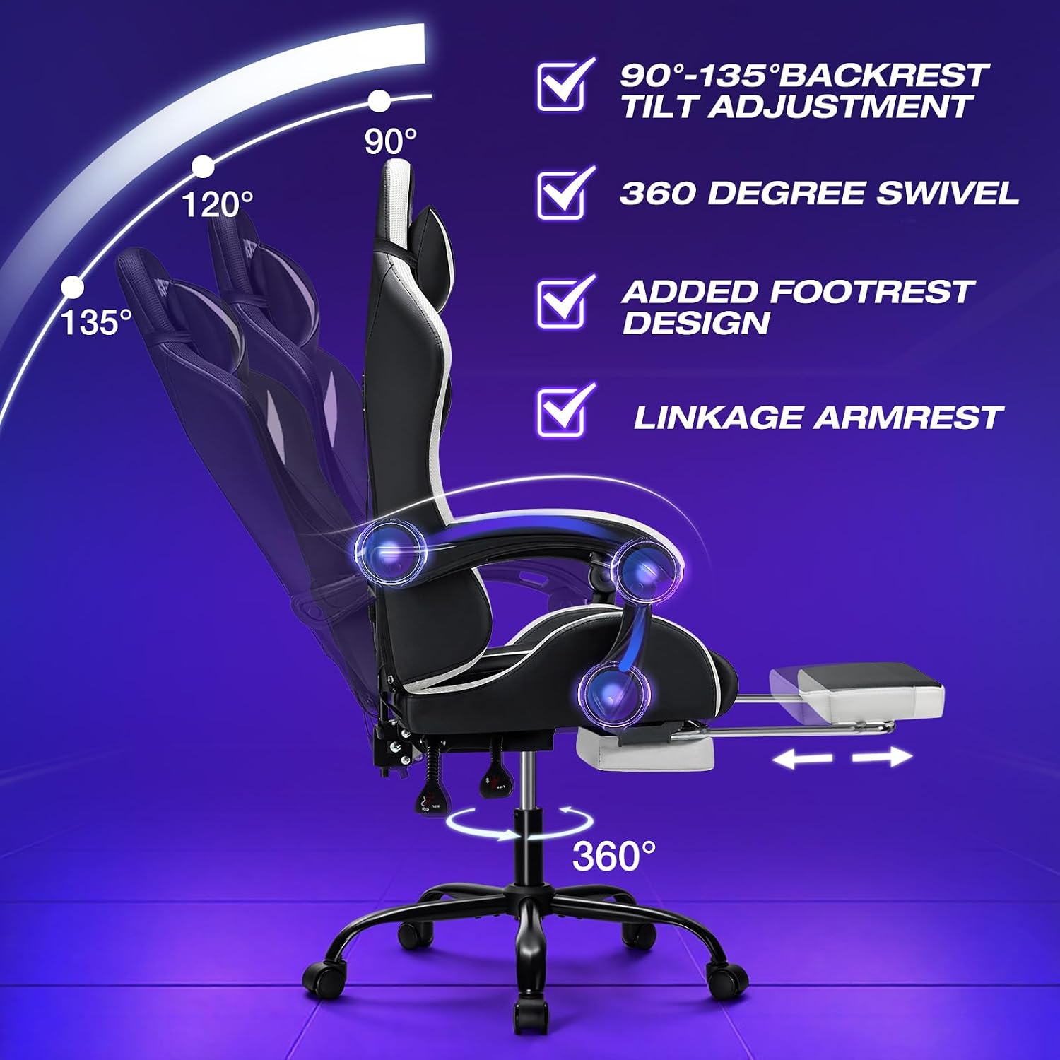 HOFFREE Gaming Chair with LED RGB Lights Massage Ergonomic Video Game Chairs with Footrest High Back Reclining Computer Chair with Adjustable Lumbar Support White and Black