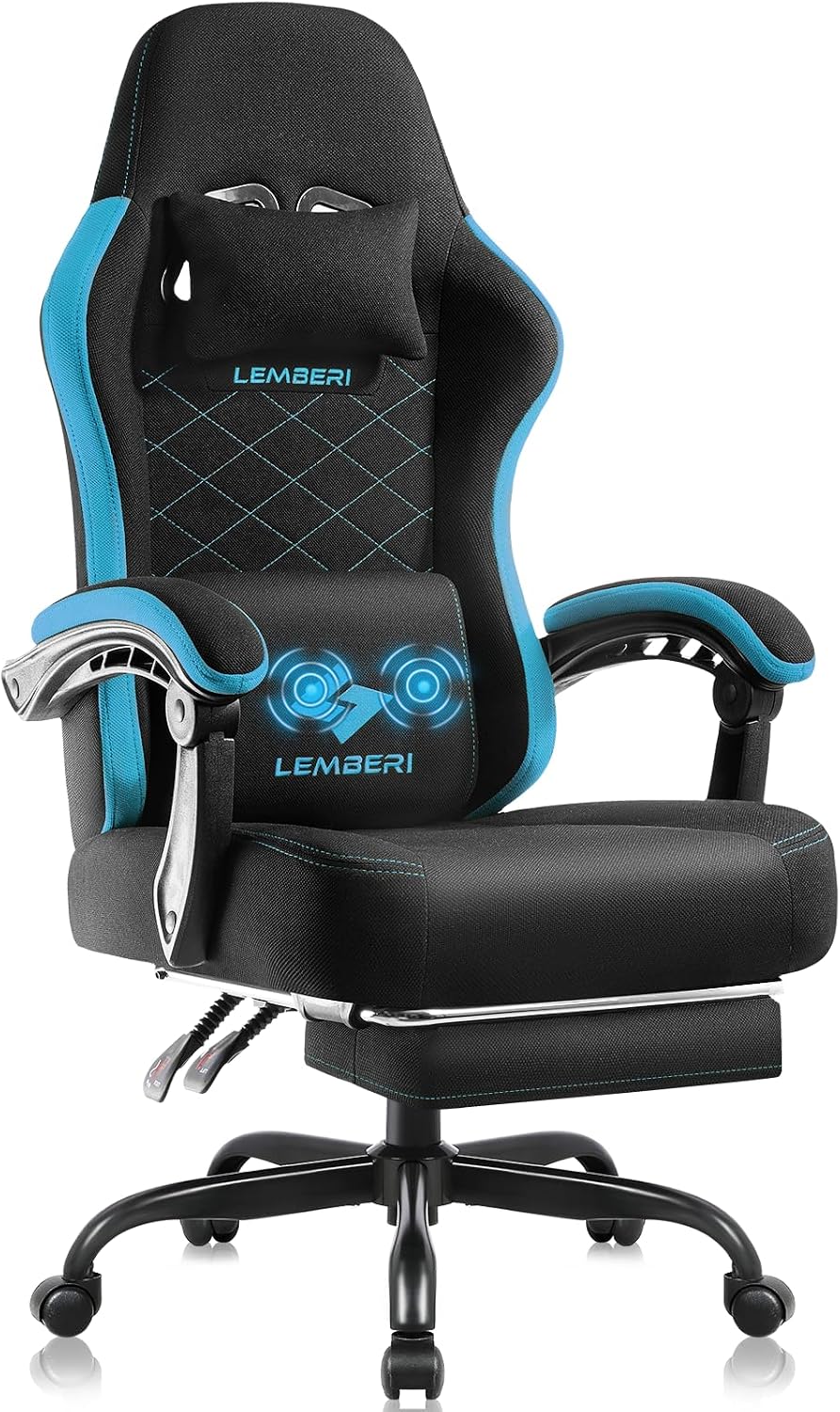 LEMBERI Gaming Chair, Fabric Big and Tall Video Game Chairs with Footrest, Massage Lumbar Support, Racing Style Ergonomic Computer Gamer Chair with Adjustable Headrest (Blue)