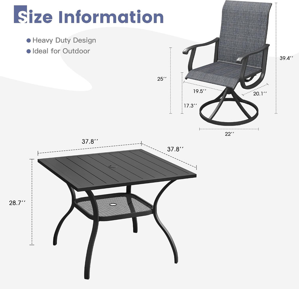 VICLLAX 5 Pieces Patio Dining Set, Outdoor Furniture Set of 4 Patio Swivel Dining Chairs and Square Patio Table with Umbrella Hole, Dark Charcoal Chairs & Black Tabletop
