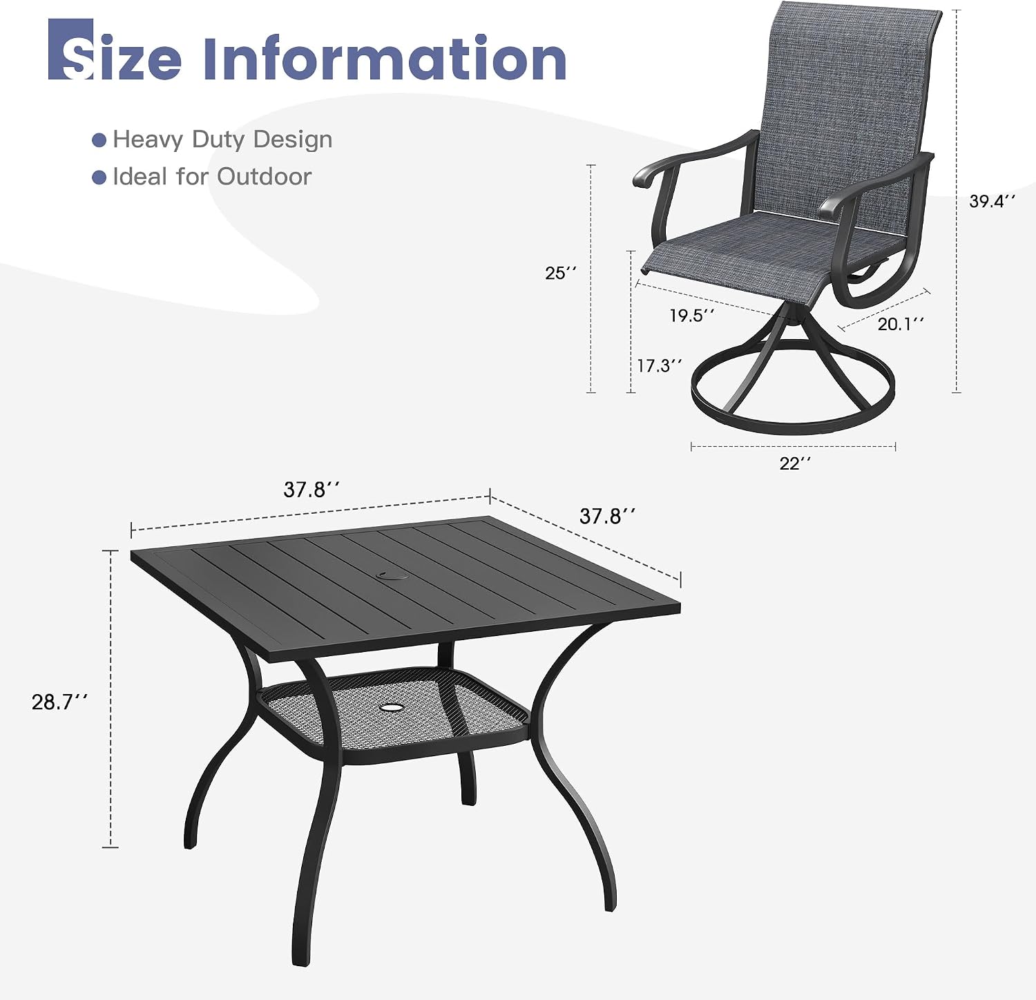 VICLLAX 5 Pieces Patio Dining Set, Outdoor Furniture Set of 4 Patio Swivel Dining Chairs and Square Patio Table with Umbrella Hole, Dark Charcoal Chairs & Black Tabletop