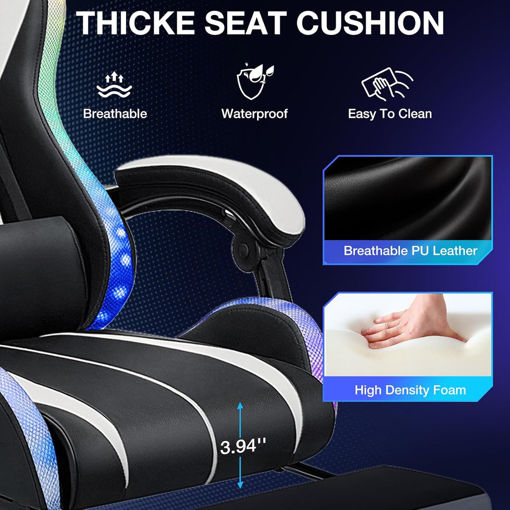 Gaming Chair with Speakers and Lights Ergonomic Computer Gaming Chair with Footrest LED RGB Lights Massage High Back Music Video Game Chair with Lumbar Support White and Black