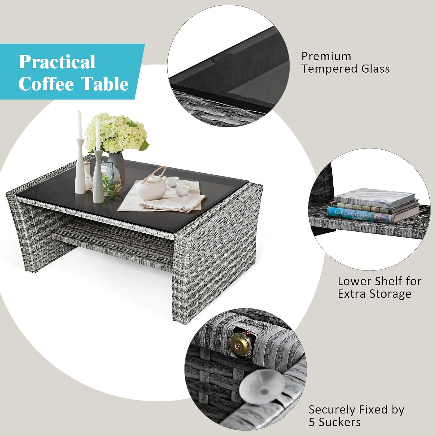 COSTWAY 4 Pieces Patio Rattan Furniture Set, Outdoor Wicker Sofa Set with Tempered Glass Coffee Table, Cushions, All Weather Rattan Conversation Set for Yard Balcony Backyard Pool (Turquoise)