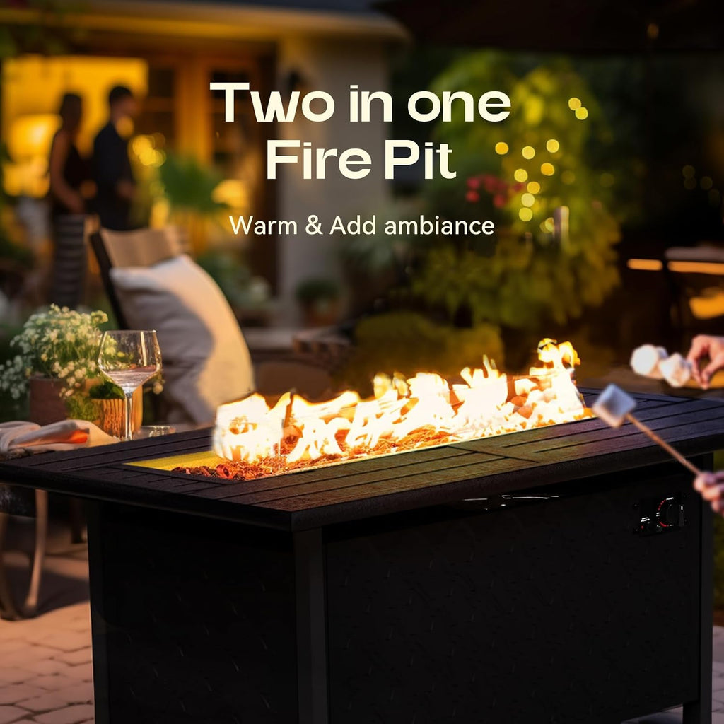 PHI VILLA Metal Patio Furniture Set with Fire Pit Table 6 Piece Modular Modern Outdoor Sectional Sofa Garden Bench Set with Wrought Iron, Light Grey Cushion