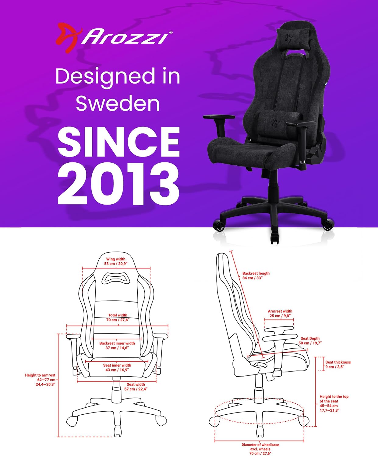 Arozzi Torretta Gaming Chair - Soft Fabric Ergonomic Gaming Chair for Adults Adjustable Backrest with Neck & Lumbar Pillows - Swedish Design Home Office Setup Professional Computer Chairs, Pure Black