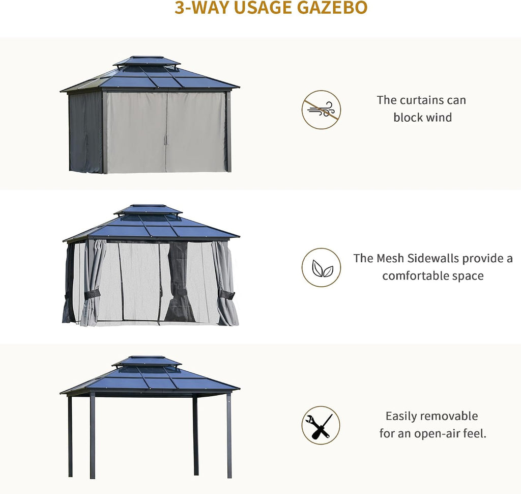 Outsunny 10' x 12' Hardtop Gazebo Canopy with Polycarbonate Roof, Aluminum Frame, Permanent Pavilion Outdoor Gazebo with Netting, for Patio, Garden, Backyard, Deck, Lawn, Light Gray