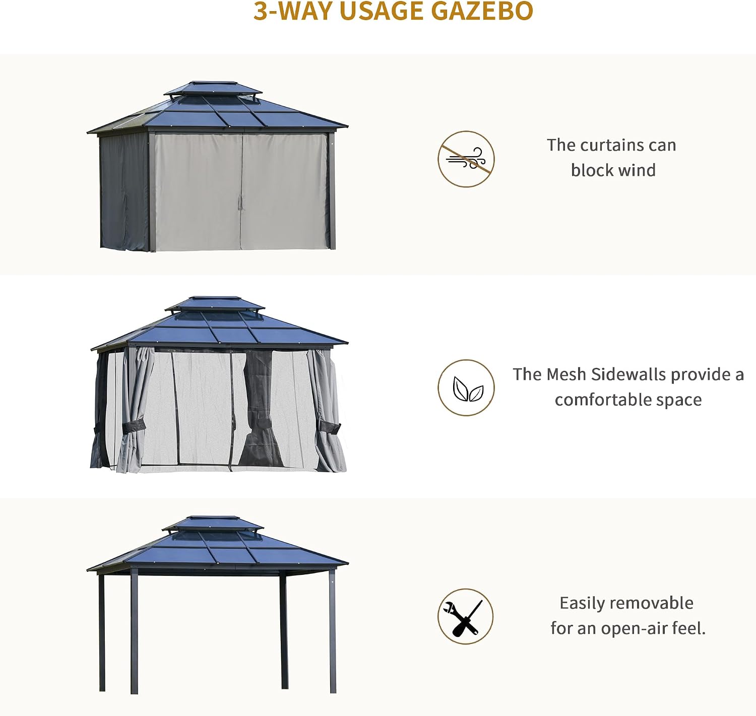 Outsunny 10' x 12' Hardtop Gazebo Canopy with Polycarbonate Roof, Aluminum Frame, Permanent Pavilion Outdoor Gazebo with Netting, for Patio, Garden, Backyard, Deck, Lawn, Light Gray