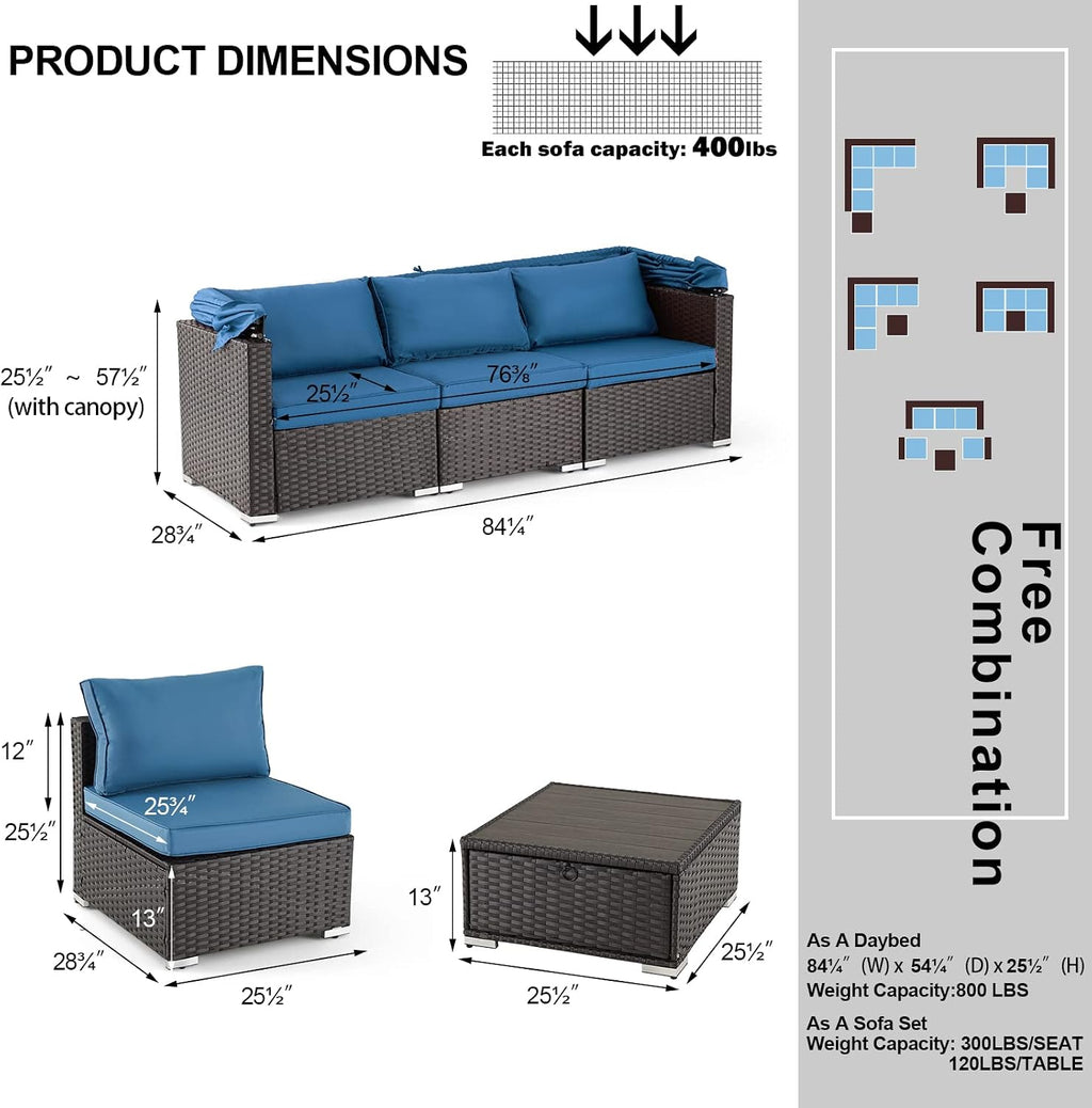 HOMREST 6 Pieces Patio Furniture Sets, Rattan Daybed with Retractable Canopy, Outdoor Sectional Sofa Set with Adjustable Backrest, Chaise Chair Sunbed for Garden Poolside Backyard(Blue)
