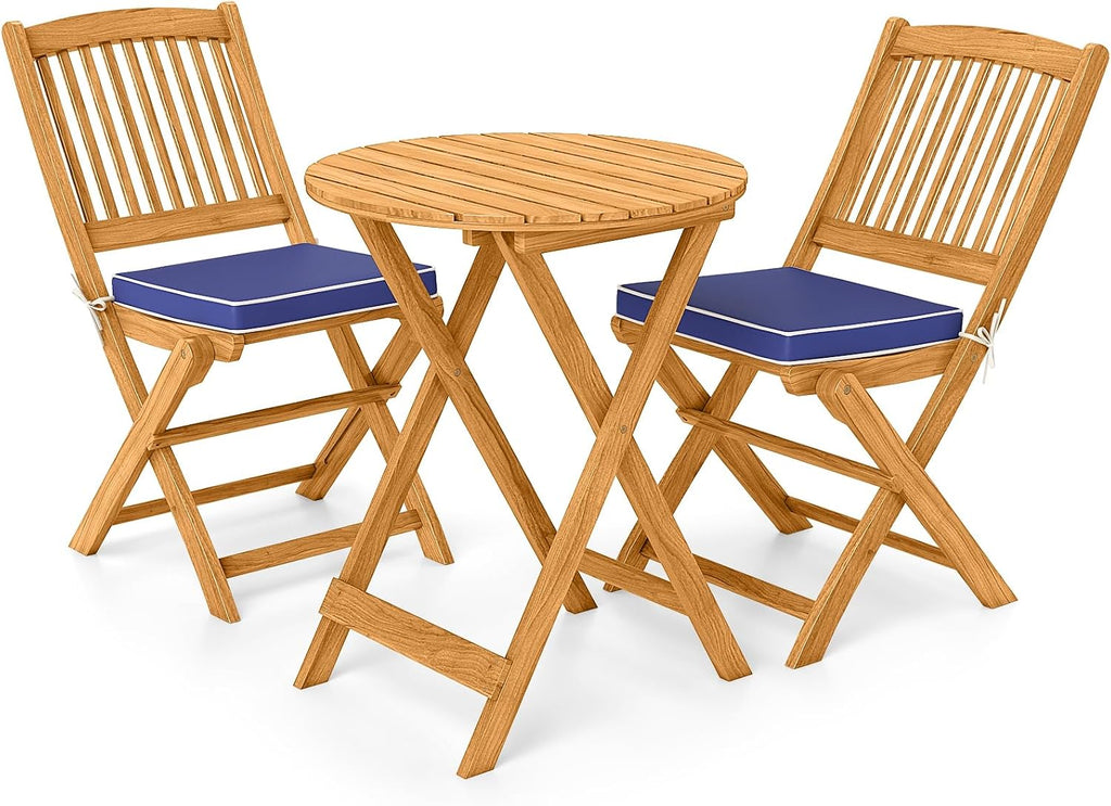 Giantex 3Pcs Patio Bistro Set, Wood Folding Table Set, 2 Cushioned Chairs for Garden Yard, Outdoor Furniture Round Table (Natural & Navy Blue)