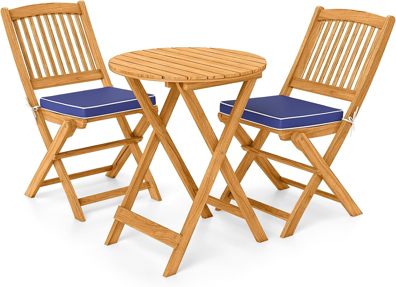 Giantex 3Pcs Patio Bistro Set, Wood Folding Table Set, 2 Cushioned Chairs for Garden Yard, Outdoor Furniture Round Table (Natural & Navy Blue)