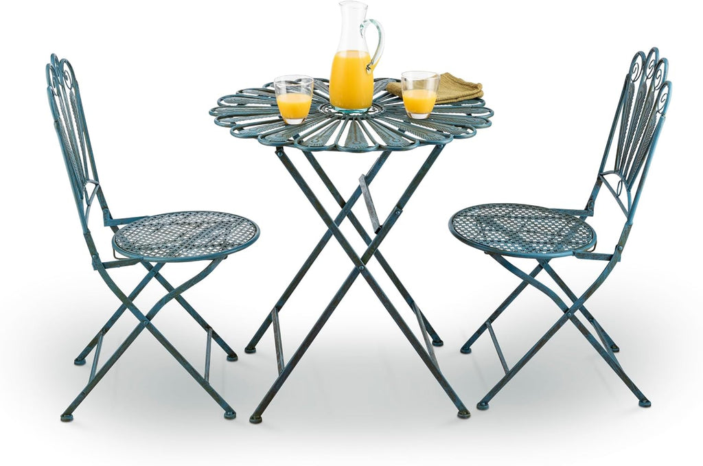 Alpine Corporation Indoor/Outdoor 3-Piece Peacock Feather Rustic Metal Bistro Set Patio Seating, Light Blue