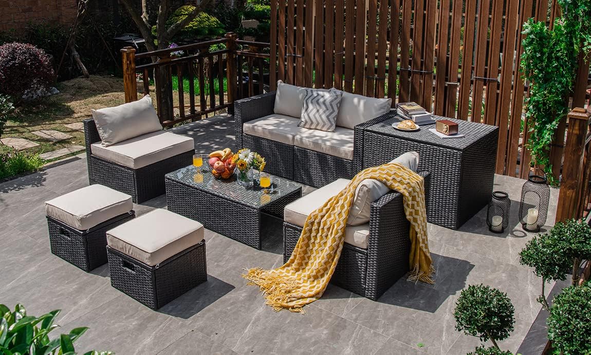 Tangkula 8 Pieces Patio Furniture Set with Waterproof Cover, Patiojoy Space Saving Outdoor PE Rattan Set with Storage Box, Tempered Glass Table, 2 Ottomans, 2 Armless Sofas & Corner Sofas