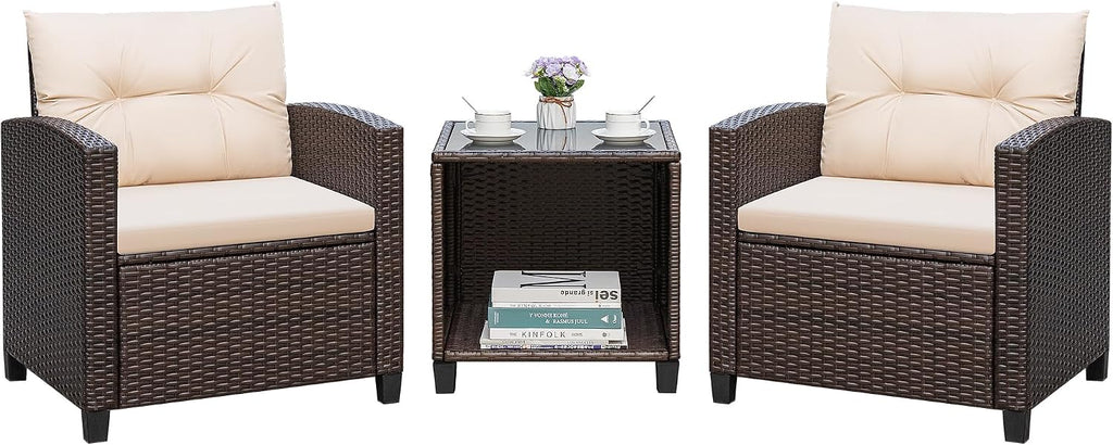 Greesum 3 Pieces Patio Furniture Sets Outdoor PE Rattan Wicker Chairs with Soft Cushion and Glass Coffee Table for Garden Backyard Porch Poolside, Beige