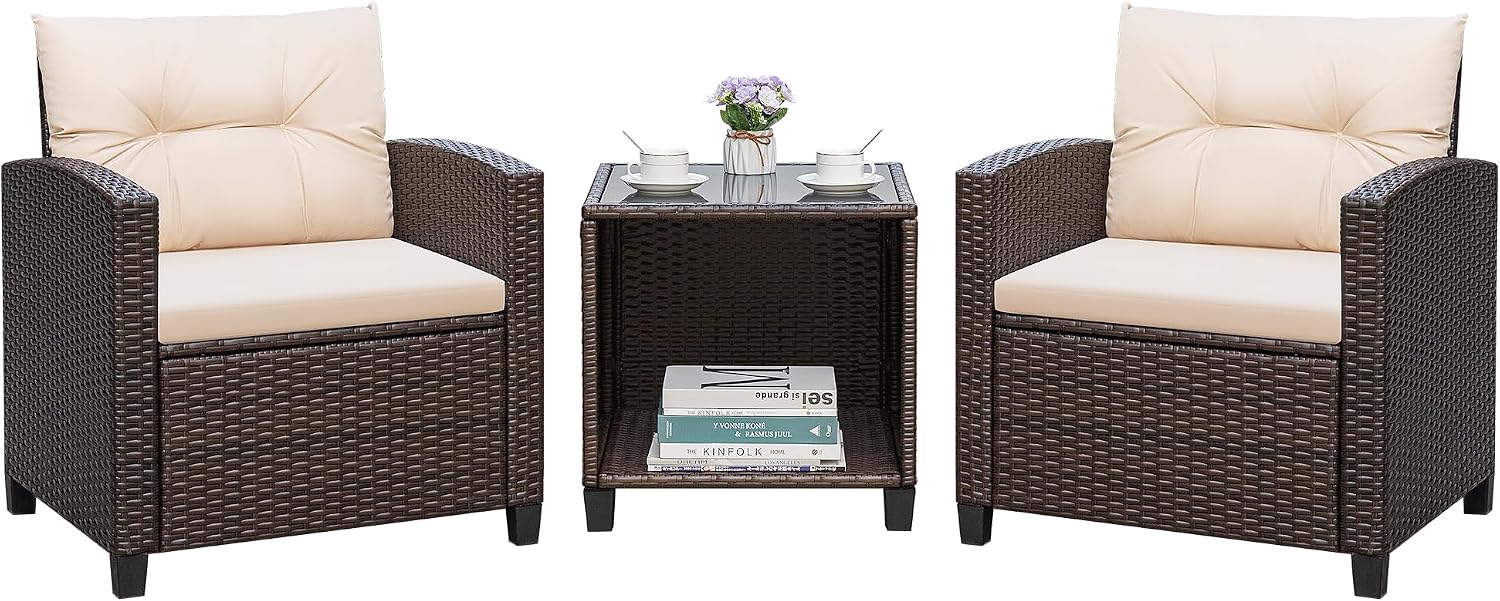 Greesum 3 Pieces Patio Furniture Sets Outdoor PE Rattan Wicker Chairs with Soft Cushion and Glass Coffee Table for Garden Backyard Porch Poolside, Beige