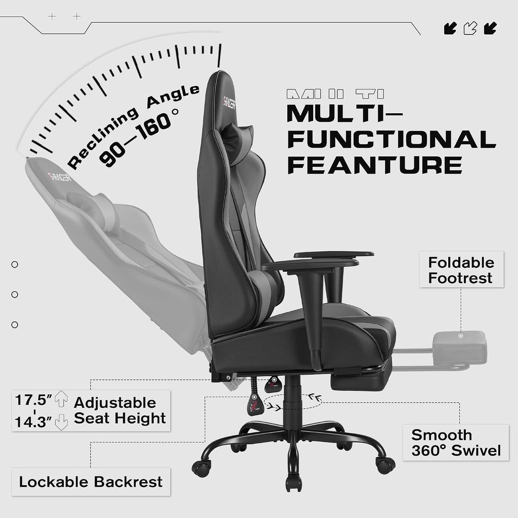 Homall Gaming Chairs, Computer Chair with Footrest and Massage Lumbar Support, Height Adjustable Game Chair with Headrest and Swivel Seat (Light Grey)