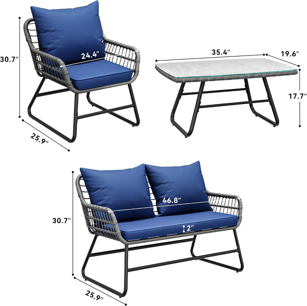YITAHOME 4-Piece Patio Furniture Set, Wicker Outdoor Bistro Set, All Weather Rattan Patio Conversation Set with Soft Cushions and Glass Side Table for Backyard, Balcony, Deck - Navy Blue
