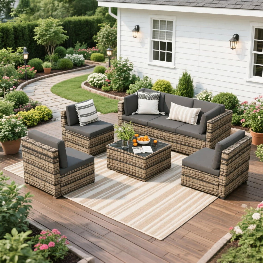 Pamapic 7 Piece Outdoor Sectional Sofa Set, All-Weather Patio Furniture with Washable Cushions, Waterproof Gray Rattan Wicker Conversation Set for Backyard, Poolside, Garden (Black Cushions)