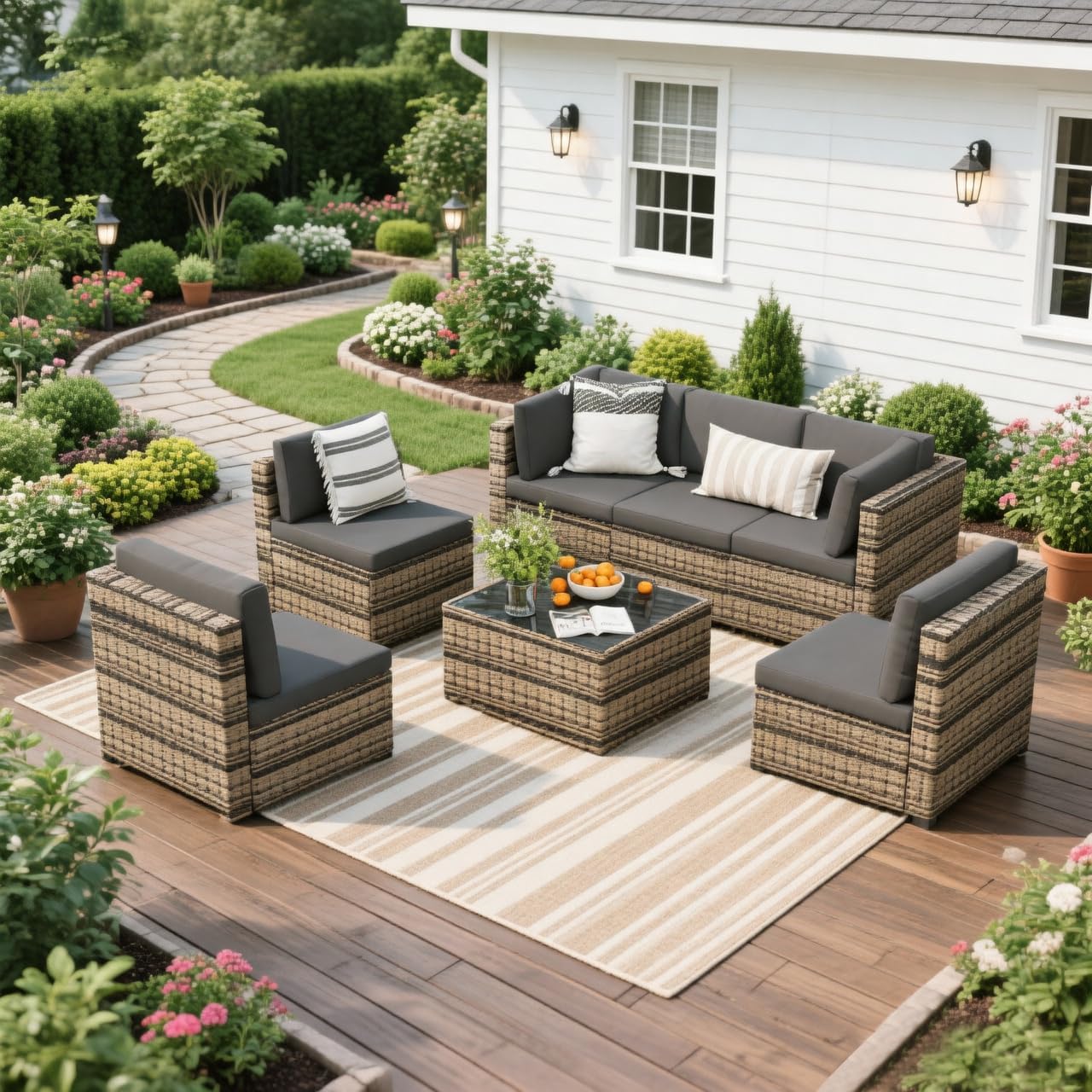 Pamapic 7 Piece Outdoor Sectional Sofa Set, All-Weather Patio Furniture with Washable Cushions, Waterproof Gray Rattan Wicker Conversation Set for Backyard, Poolside, Garden (Black Cushions)