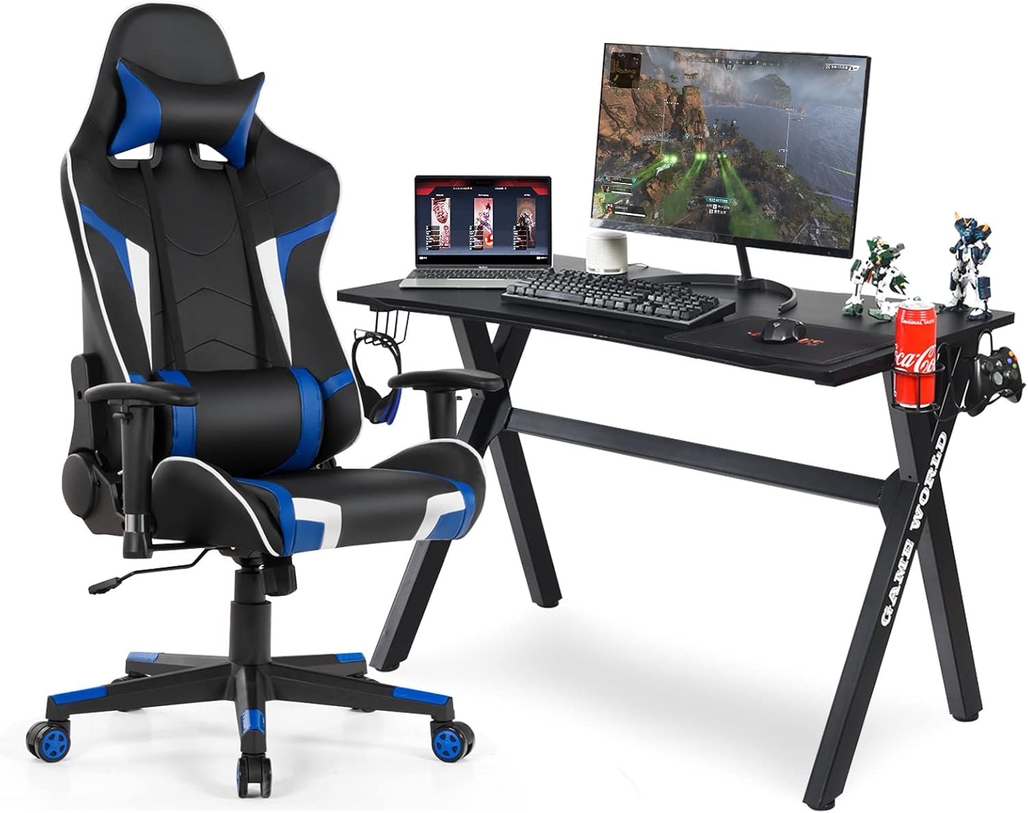 GYMAX Gaming Chair, Massage Gaming Chairs for Adults with Headrest, Lumbar Support & Armrest, Video Computer Reclining Gaming Chair, Office Desk Gamer Task Chair (Blue with Black X-Shape Desk)