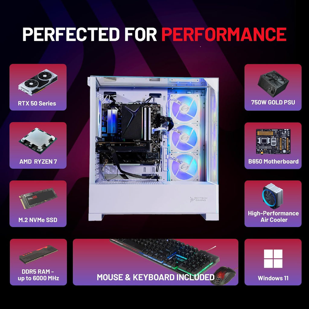 Skytech Gaming Archangel 5 Gaming PC, AMD Ryzen 7 7700 3.8GHz, NVIDIA RTX 5060, 1TB NVMe SSD, 32GB DDR5 RAM 6000, 750W Gold PSU, Wi-Fi, Win 11, Desktop