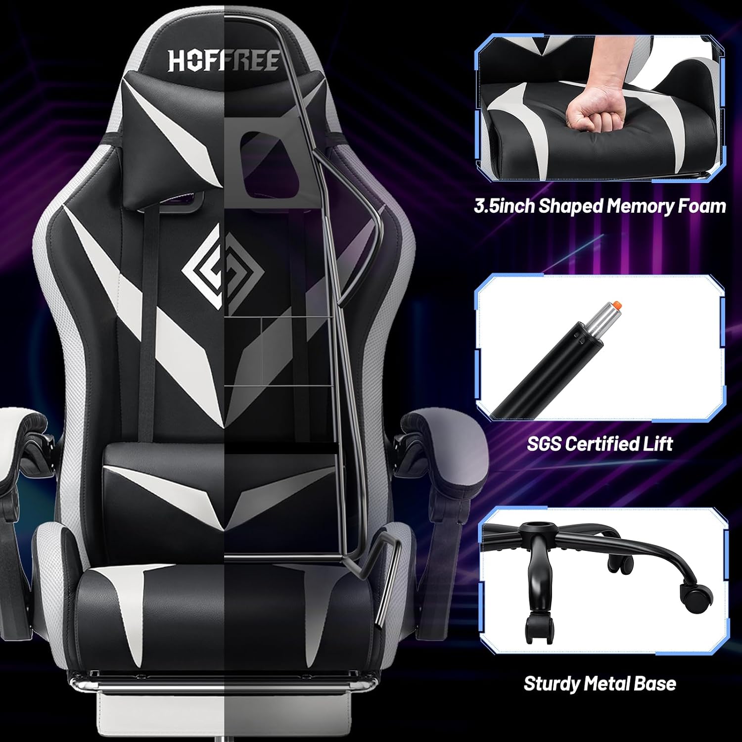 HOFFREE Gaming Chair with LED RGB Lights Massage Ergonomic Video Game Chairs with Footrest High Back Reclining Computer Chair with Adjustable Lumbar Support White and Black