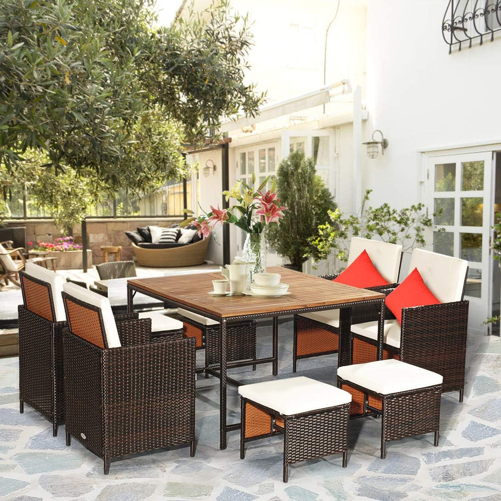 Tangkula 9 Pieces Patio Acacia Wood Table and Chairs Set with Umbrella Hole, Outdoor Space Saving Outdoor Dining Set,for Garden,Yard,Poolside