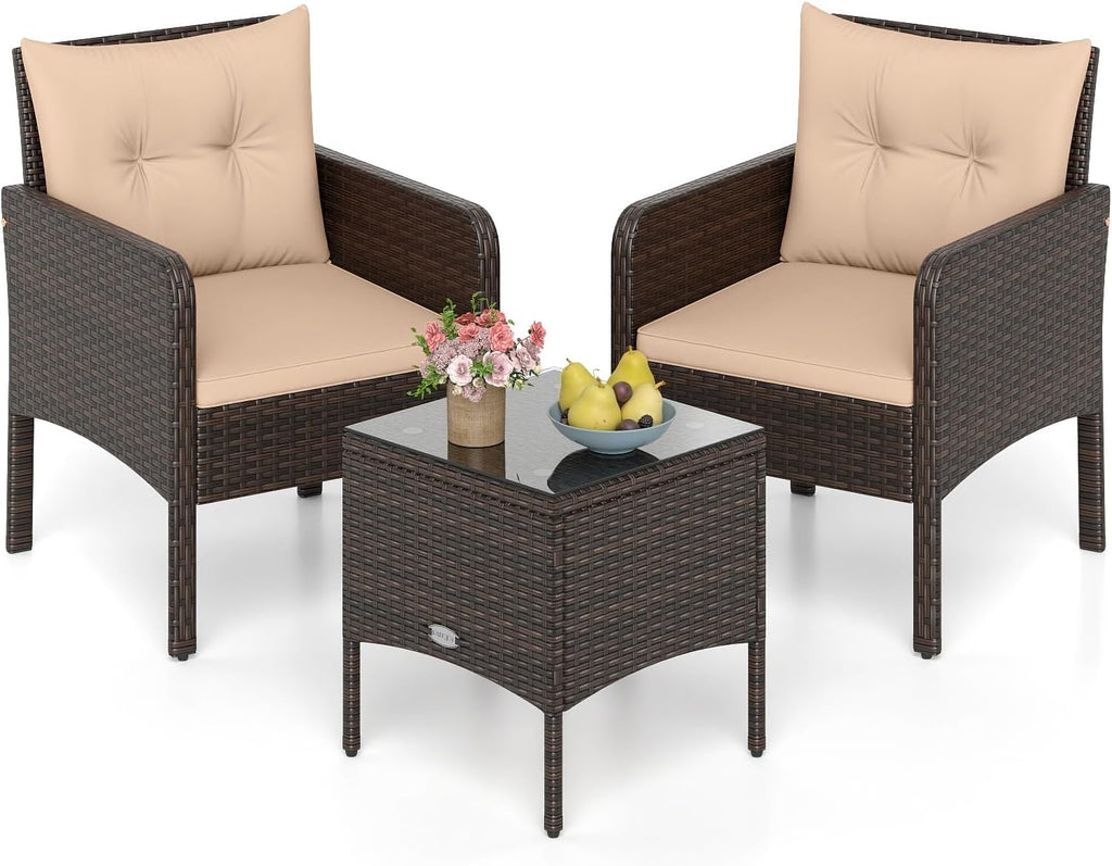 Tangkula 3 Pieces Patio PE Wicker Furniture Set, Outdoor Bistro Conversation Set with Cushions and Tempered Glass Coffee Table, Outside Rattan Table and Chairs for Porch (Beige)