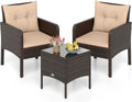 Tangkula 3 Pieces Patio PE Wicker Furniture Set, Outdoor Bistro Conversation Set with Cushions and Tempered Glass Coffee Table, Outside Rattan Table and Chairs for Porch (Beige)