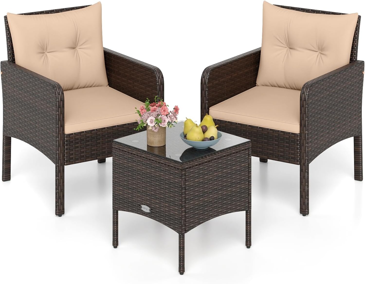 Tangkula 3 Pieces Patio PE Wicker Furniture Set, Outdoor Bistro Conversation Set with Cushions and Tempered Glass Coffee Table, Outside Rattan Table and Chairs for Porch (Beige)