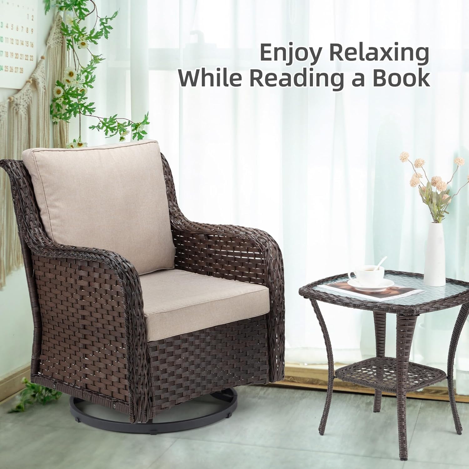 GarveeHome 3-Piece Outdoor Wicker Rattan Swivel Rocking Chair Set with Armored Glass Side Table & Premium Cushions - 360° Swivel Patio Furniture for Backyard, Porch, Deck, Balcony, Garden, Brown