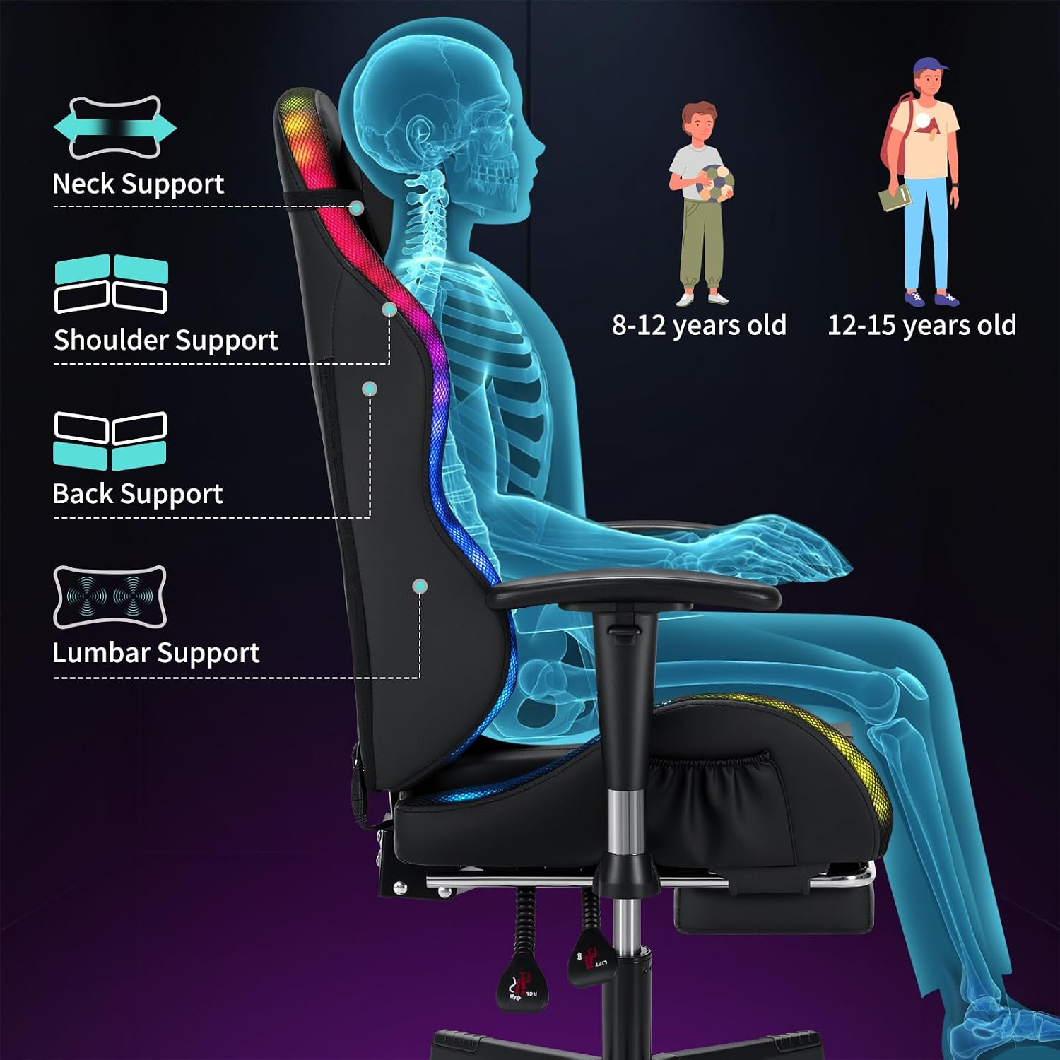 HOFFREE RGB LED Gaming Chair for Kids Reclining Gaming Chairs for Teens 8-15 Computer Chair with RGB Lights Kids PC Game Chair with Footrest and Lumbar Support Video Game Chairs Black