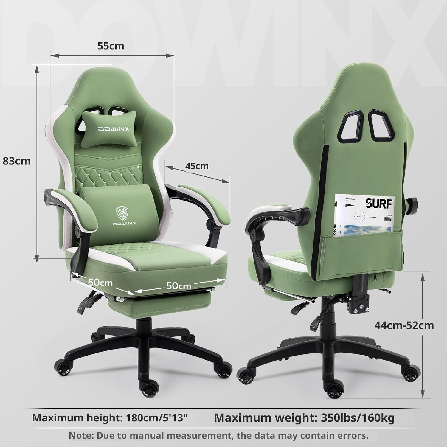 Dowinx Gaming Chair Breathable Fabric Game Chair with Gel Pad and Storage Bag, Comfortable Gamer Chair with Pocket Spring Cushion,Ergonomic Computer Chair with Footrest,Green